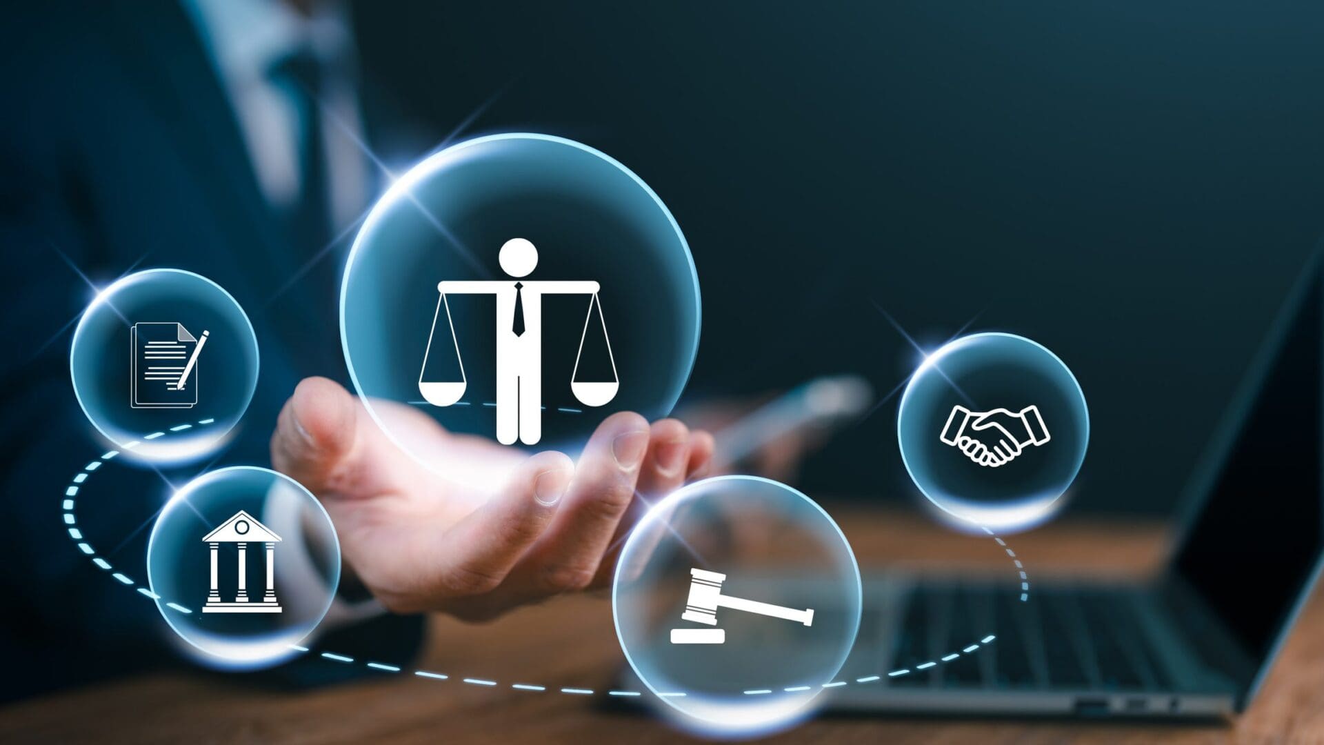Digital icons representing justice and law in a futuristic interface.