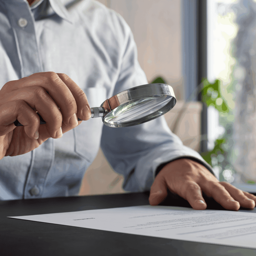 Person examining a document with a magnifying glass.